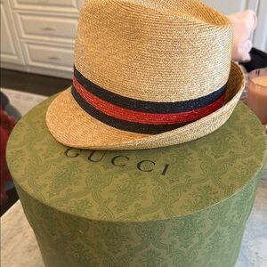 Gucci Natural Straw Fedora with Black and Red Ribbon